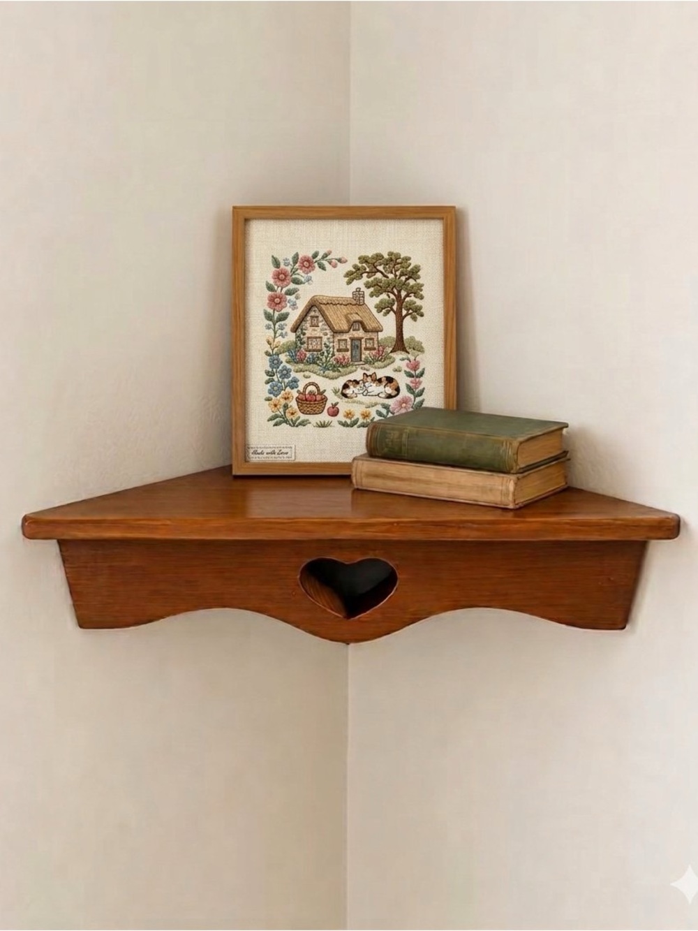 Vintage Corner Heart Cut-out Scallop Wood Wall Shelf 12.5x9x3